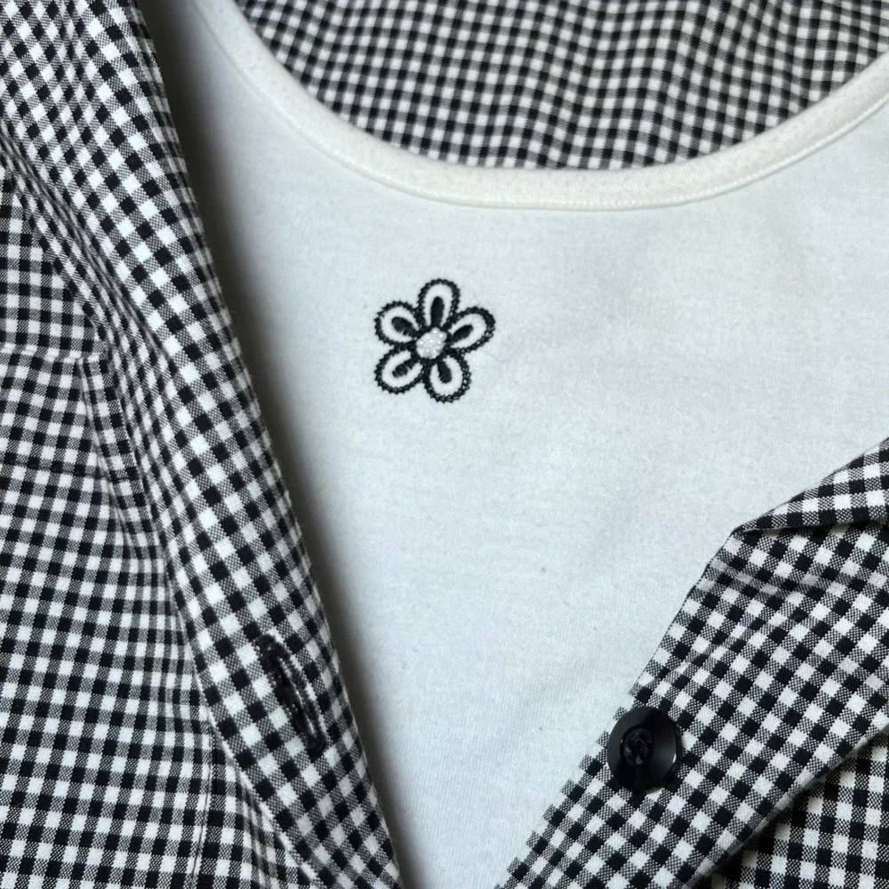 Alfred Dunner Womens Size 12 Floral Embroidered Shirt Under Shirt Gingham Button - Picture 5 of 15